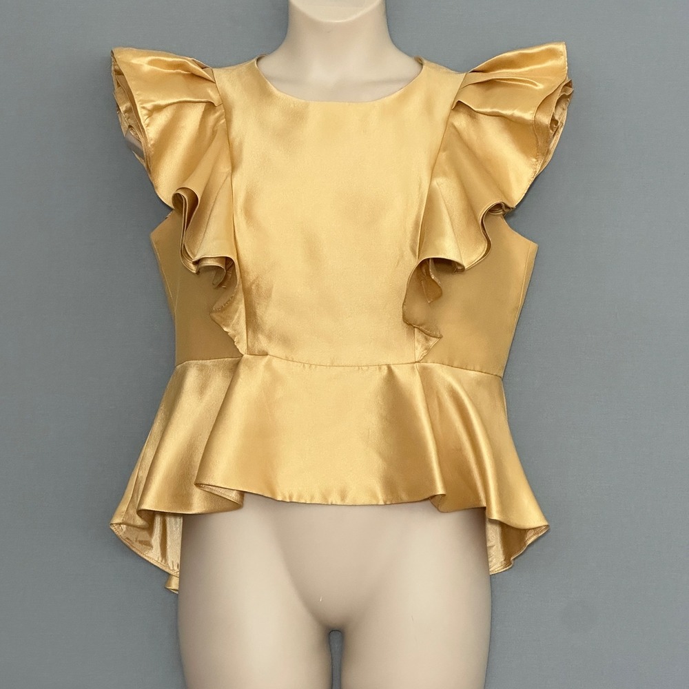 Raquel Womens Top XL Gold Metalic Satin Ruffle Peplum High Low Statement Glam